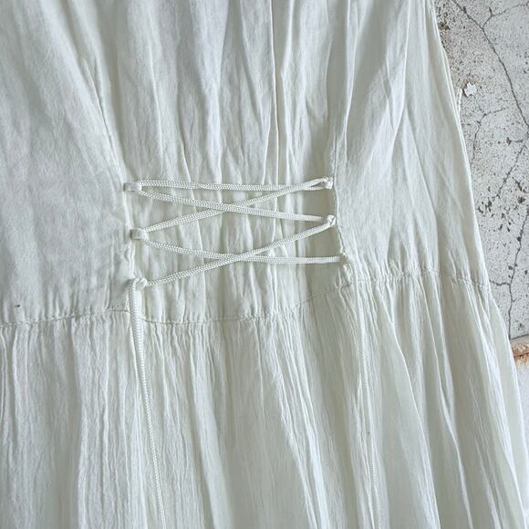 Vtg Boho Midi Dress Embroidered Tiered Crinkle Cotton Gauze Corset Cottagecore L - Picture 8 of 8